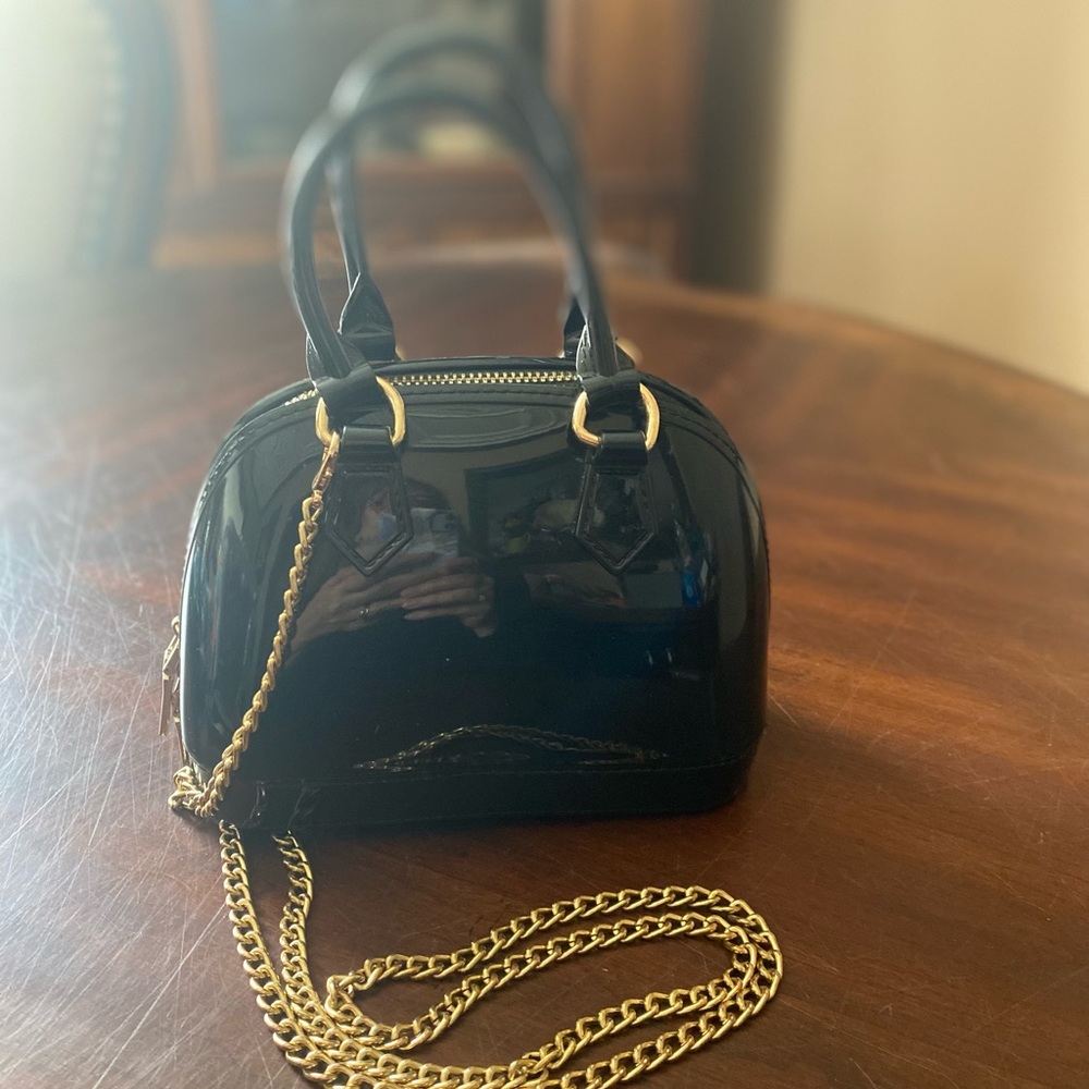 Black Patent Mini Dome Bag with Gold Chain Strap - Picture 2 of 3